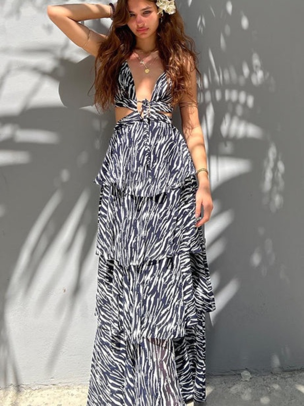 Fashion Nova Kenya Maxi Dress Navy Zebra Tiered Ruffle Cut Out Boho Summer XS